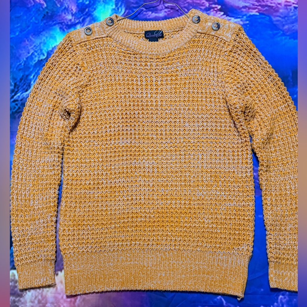 Questions Mustard Button-Shoulder Crewneck Sweater